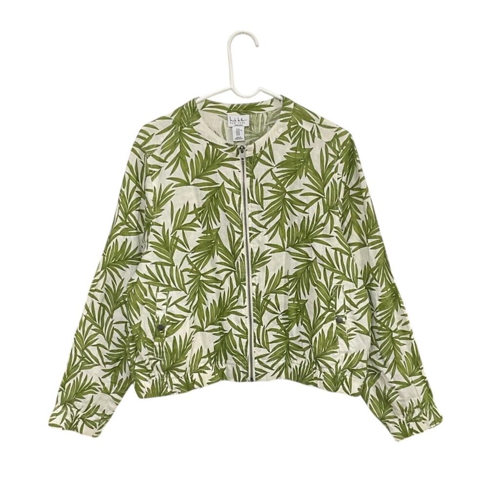 Nicole Miller Bomber Jacket Womens Sz XL 100% Linen Full Zip Palm Leaves Pockets